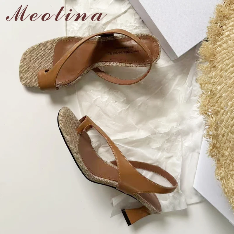 

Meotina Women Genuine Leather Flip Flop Sandals Round Toe Thick High Heels Concise Ladies Fashion Shoes Summer Brown Black 40