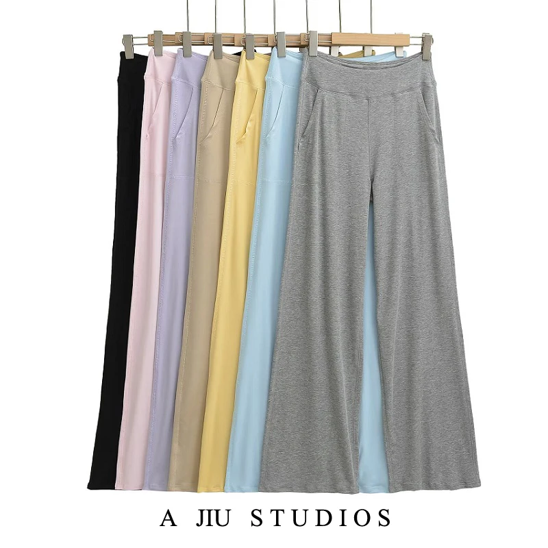 بنطلون يوجا على الطراز الأمريكي بخصر عالٍ وساق مستقيمة، بنطلون كاجوال طويل وفضفاض للنساء، موضة صيفية بمقاسات كبيرة