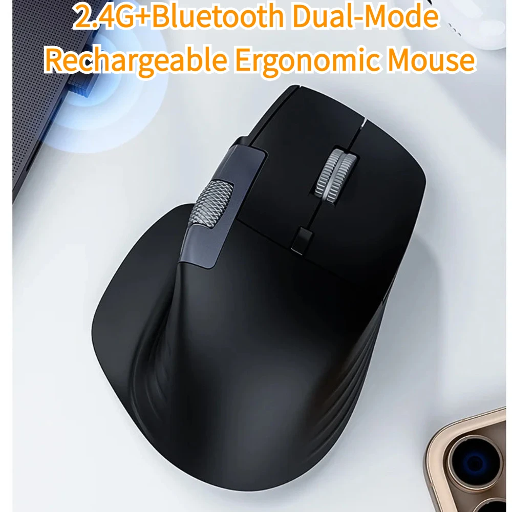 2.4G+Bluetooth Dual-Mode Rechargeable Ergonomic Mouse Wireless Silent Two-Metal Rollers Office Mice For Desktop Laptop PC