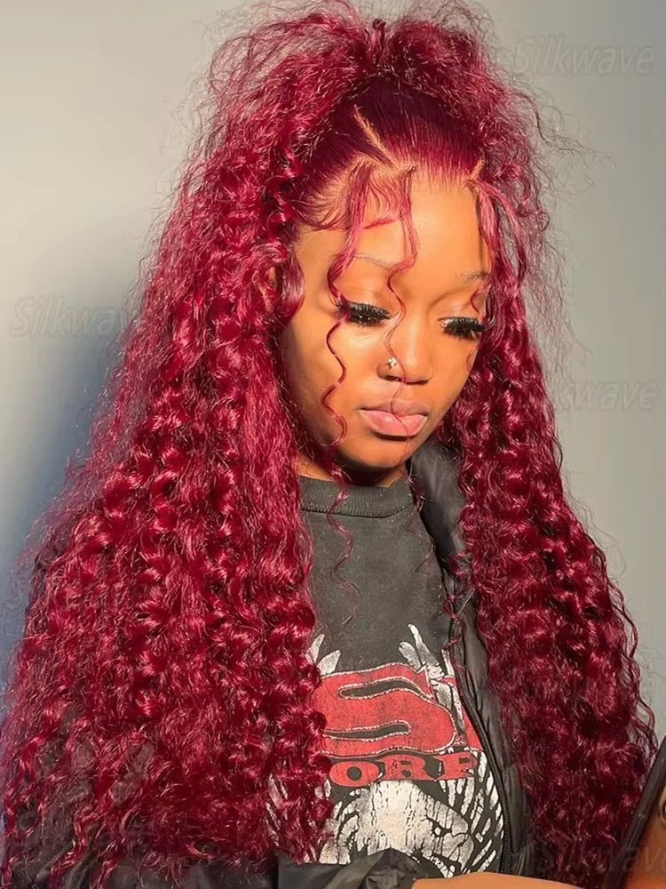 

34-дюймовый парик из натуральных волос 99J Burgundy, 13x6 HD Lace Front, бразильские глубокие волны, 13x4 Lace Frontal Wig, предварительно выщипанные кудри, 5x5 Closure Wig