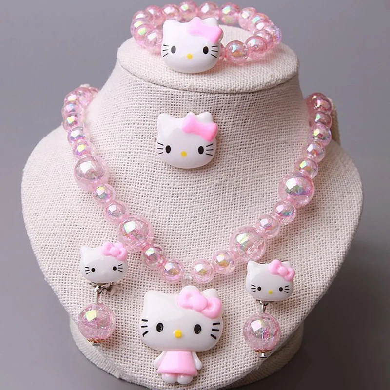 4pcs/set Sanrio Cartoon Hello Kitty Necklace Finger Ring Bracelet Set Kawaii Birthday Gifts For Girls Jewelry Accessories