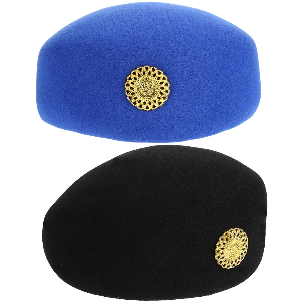 

2Pcs Fashionable Stewardess Hat Felt Airline Attendant Cap Bright Color Costume Party Stage Performance Accessory