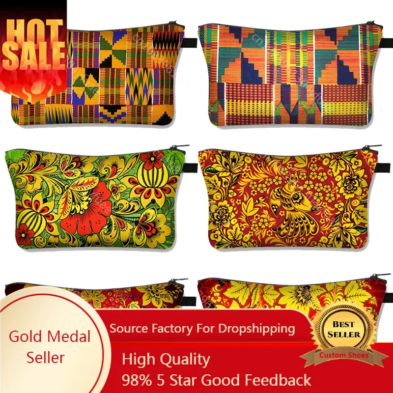 

African Woman Print Cosmetic Bag Ladies Makeup Bags Khokhloma Art Girls Cosmetic Case Portable Lipstick Storage Bags for Travel