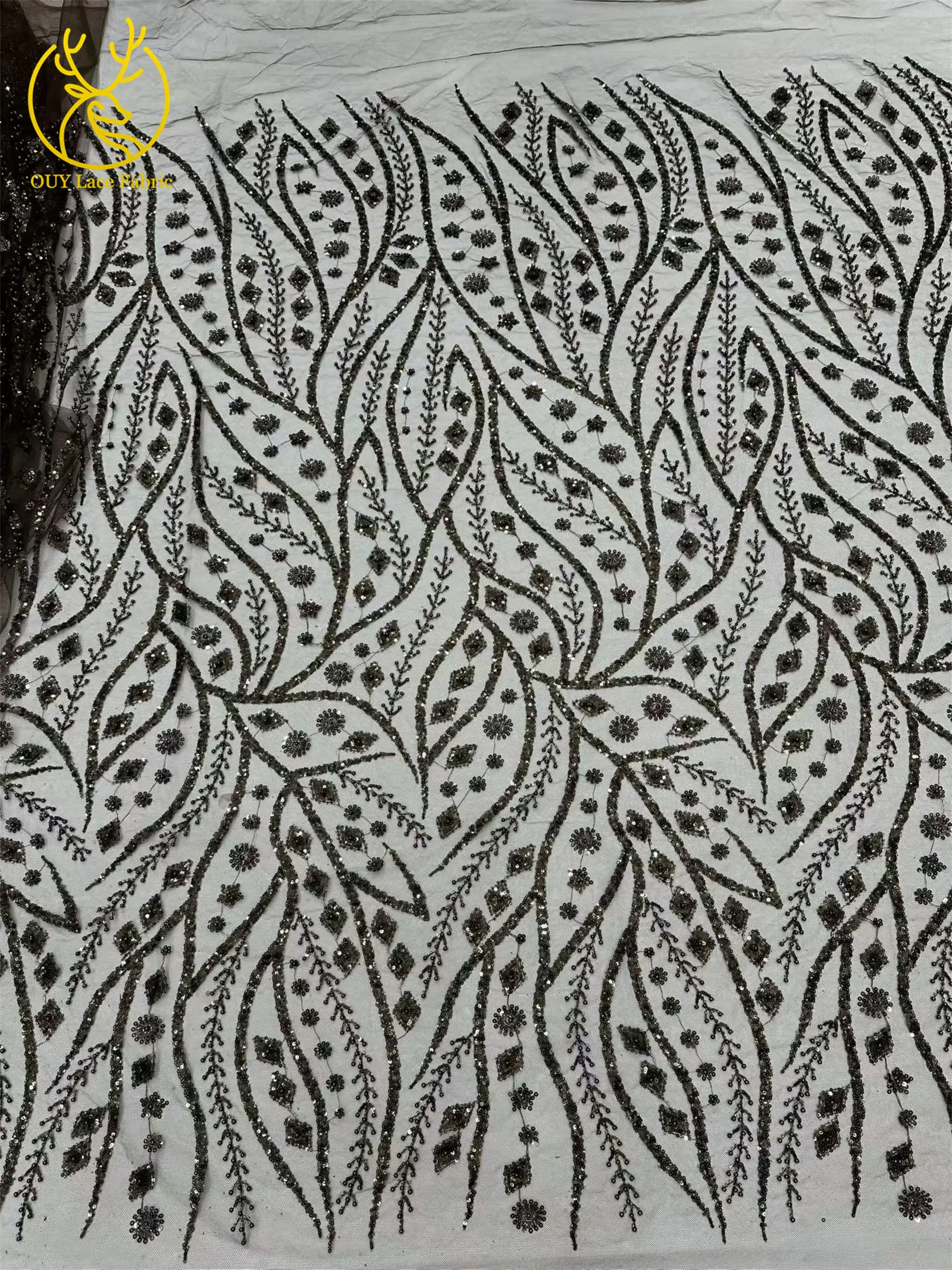 Schwarzer Afrikanischer Pailletten-Perlen-Spitzenstoff 2026 Modischer Nigerianischer Pailletten-Tüll-Spitzenstoff für Hochzeitskleider 5 Yards – Detail 24