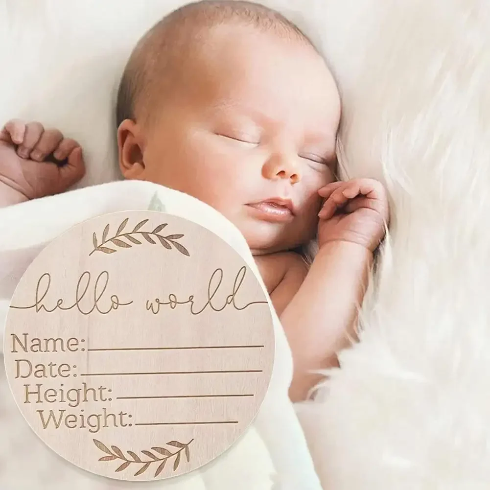 Wooden Hello World Birth Announcement DIY Sign Wood Baby Milestone Card Recording Cards Baby Photography Props Birth Cards