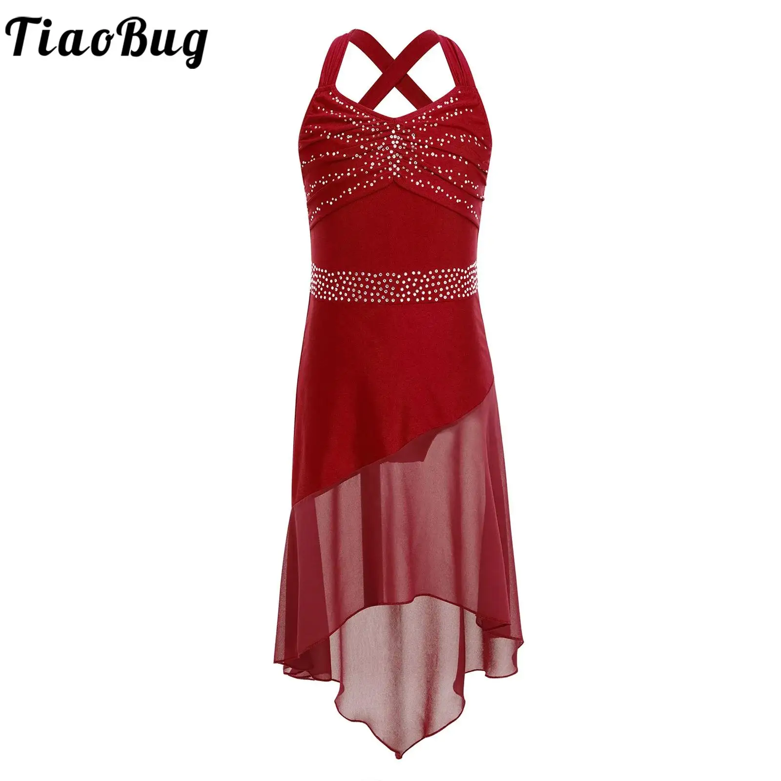 

Kids Girls Latin Lyrical Dance Dress Skating Performance Costume Sleeveless Rhinestones Ruched Bodice High-Low Chiffon Hem Dress