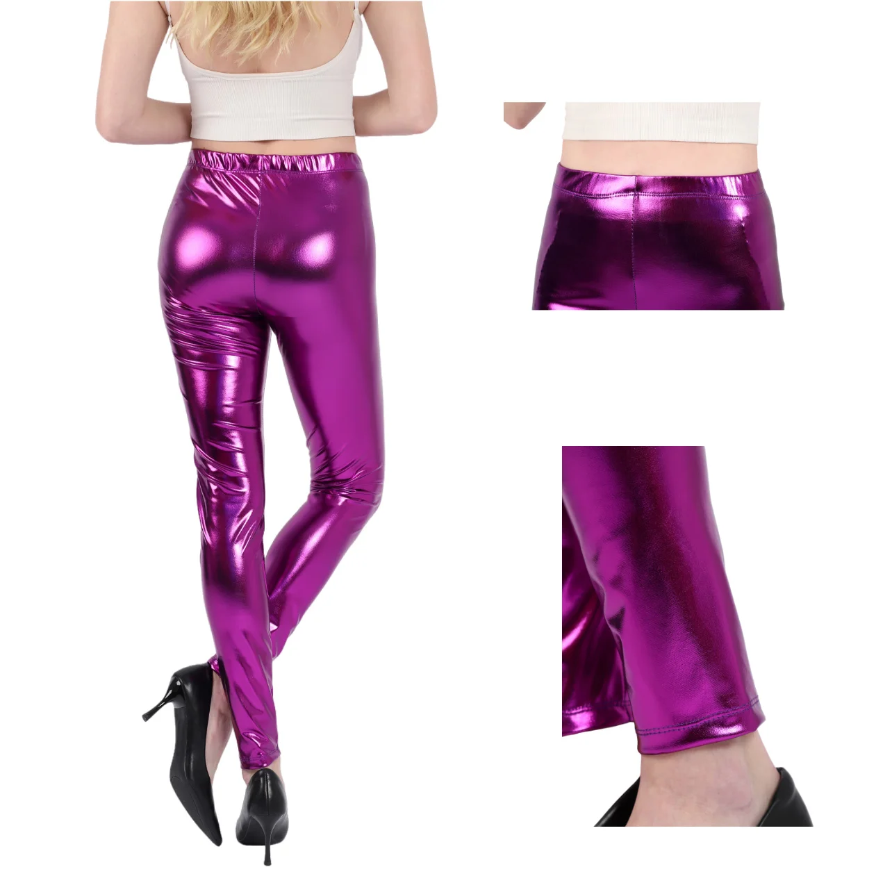 

Plus Size Latex Metallic Leggings Candy color Faux Leather Legging Mid Waist Ankle Length Pants Women legging
