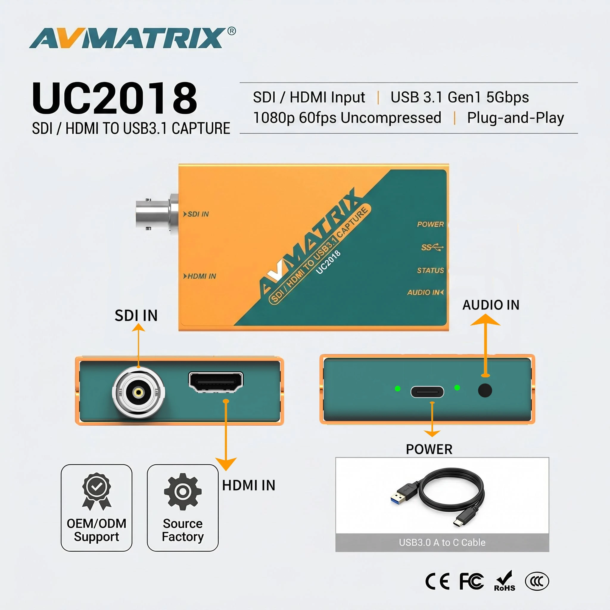 AVMATRIX UC2018 SDI HDMI to USB 3.1 Video Capture Box 1080p60 Uncompressed Plug-and-Play for Live Stream OBS Zoom
