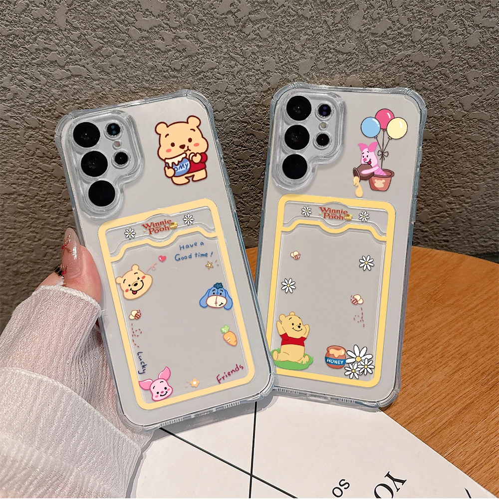 Cute Winnie the Pooh Card Hold Phone Case for Samsung S24 S23 S22 S21 S20 FE Plus Ultra M33 M53 M54 5G Anti-fall Clear Cover