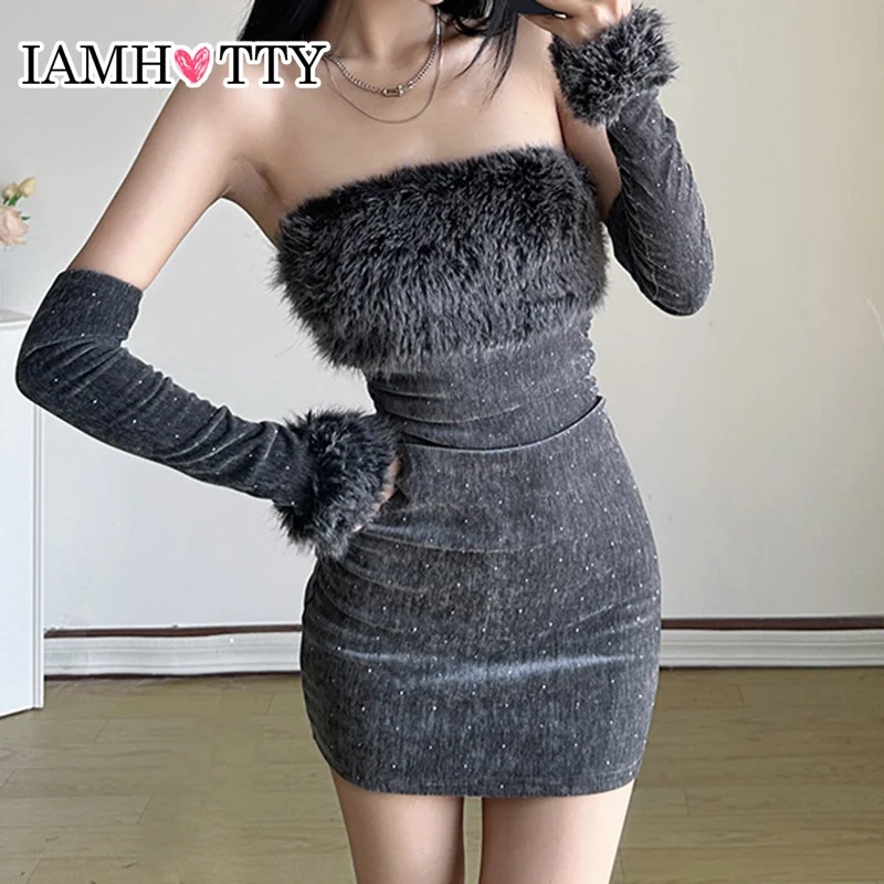 IAMHOTTY Faux Feathers Patchwork Tube Dress for Party Evening Strapless Bodycon Mini Dresses Korean Style Birthday Outfits Retro