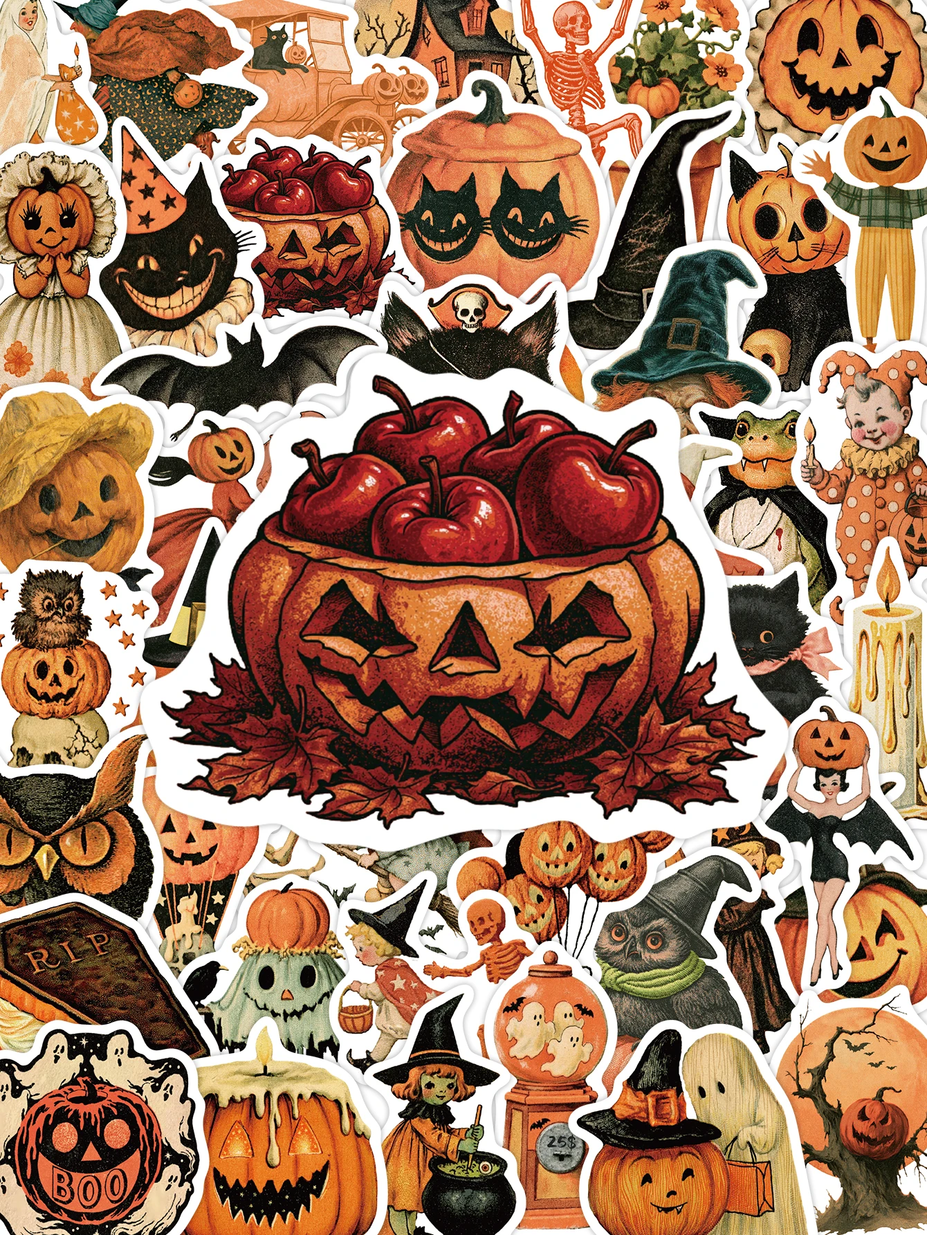 50Pcs Vintage Halloween Sticker Pack Retro Pumpkin Skeleton Ghost Witch Waterproof Decals for Laptop Water Bottle Luggage Guitar