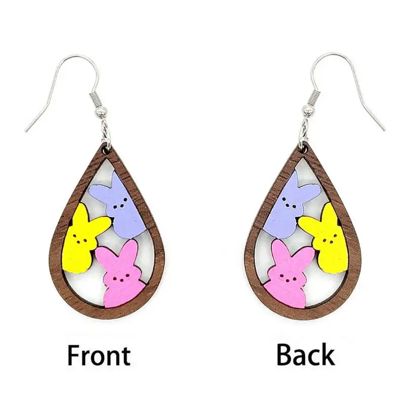 Personalized Cute Bunny Teardrop Earrings Easter Pink Yellow Smiley Face Marshmallow Party Wooden Earrings Gift For Teachers