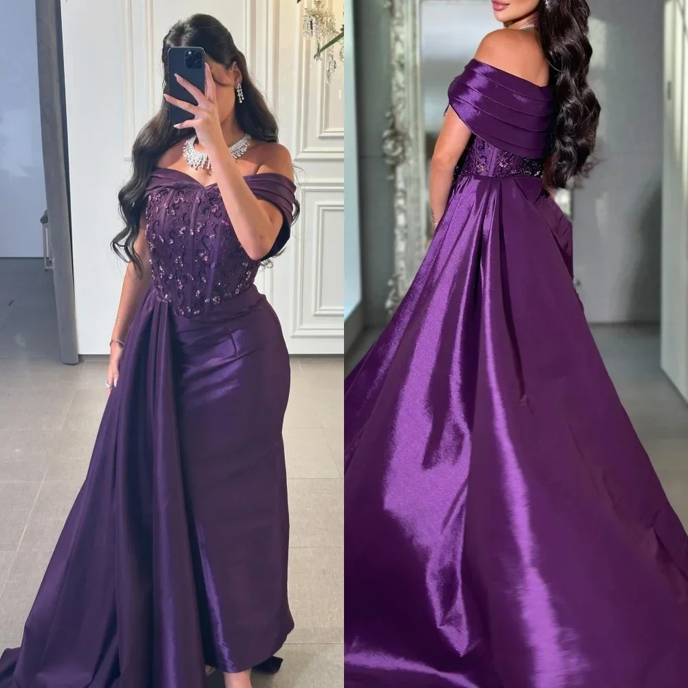 

Customized Exquisite Pleat A-line Off-the-shoulder Long Dresses Evening Dresses Modern Style Pastrol Unisex Chinese Style Formal