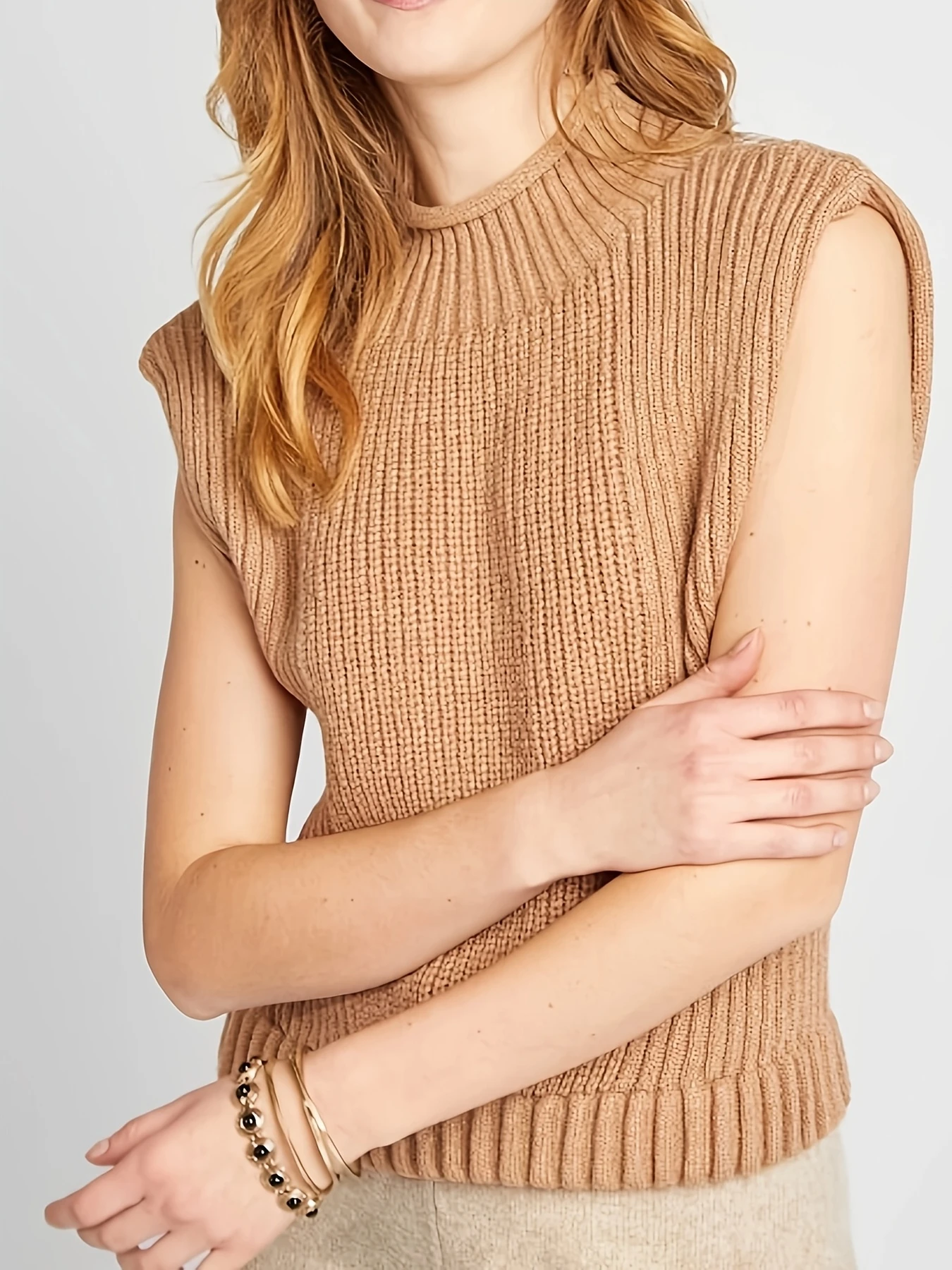 

Women's spring and summer plus size solid color knitted vest, semi high neck new fashionable casual style