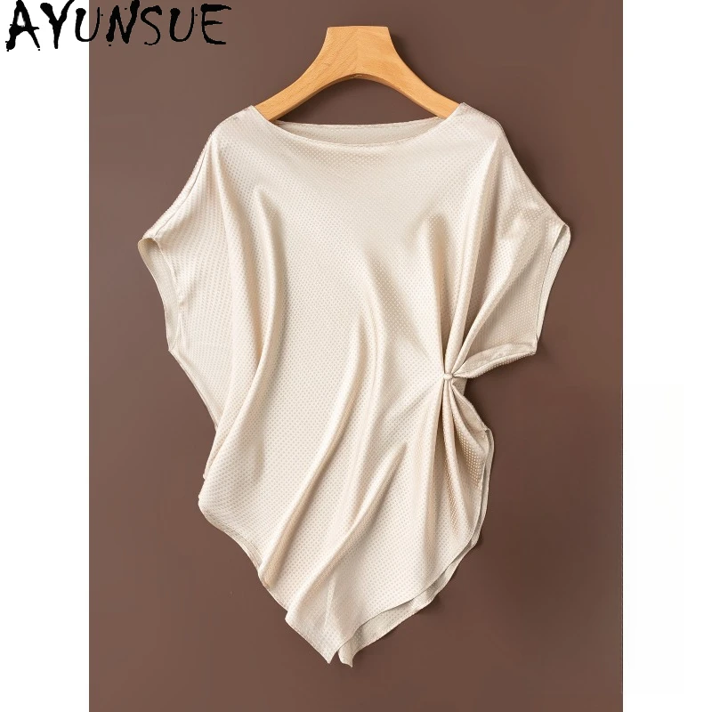 AYUNSUE 93% Silk Women's T-shirts British Style Short Sleeve Tops for Woman Stylish Loose T Shirts Summer Clothes Woman 2026 топ