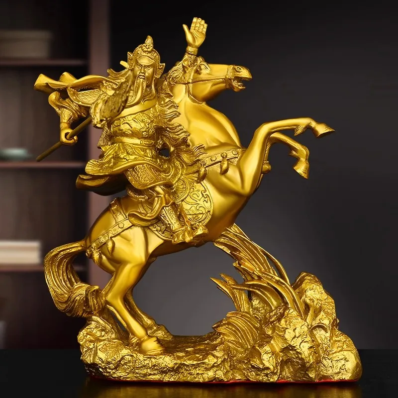 Feng Shui Brass Guan Yu Statue, Horse Riding God of Wealth & Warrior Office Home Decor