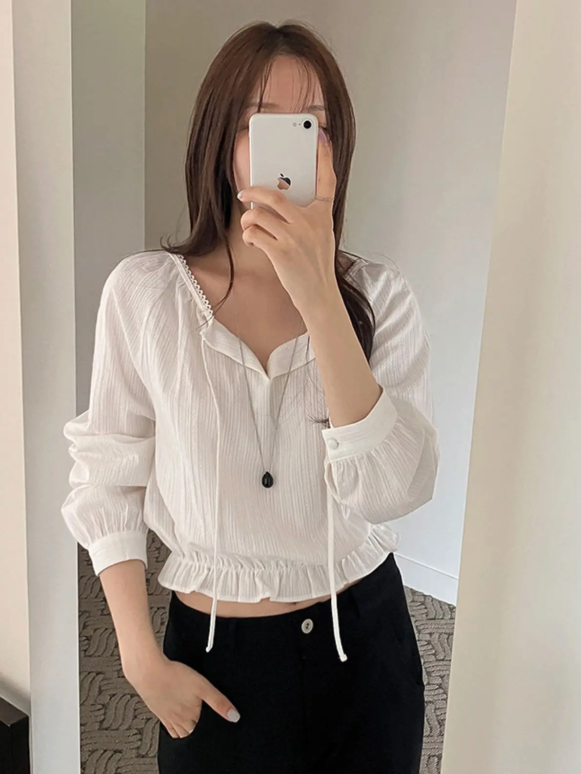 

Women's Chic Lace Trim Splice Waist Inward Long Sve irt Spring Top Faion Korean Sle Loose Fit Regular Sve Other M...