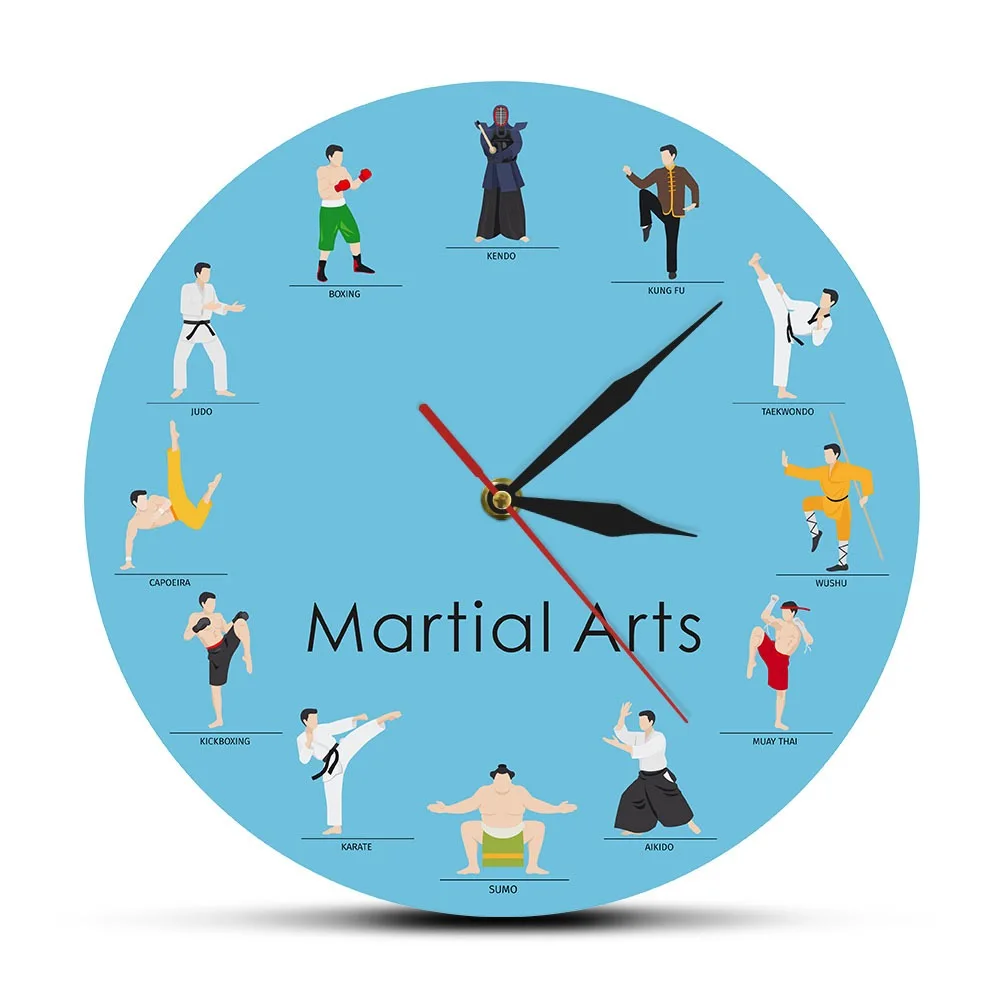 Creative Martial Arts Wall Clock - Judo Kickboxing Muay Thai Silhouette Art Dojo Decor Coach Athlete Gift