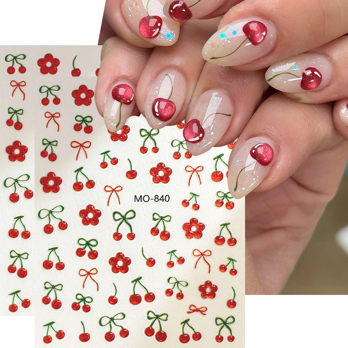 5D Embossed Cherry Nail Stickers, Sweet and Cute Bow Stickers, DIY Cherry Designs, Bow Patterns, and Heart Patterns Nail Sticker