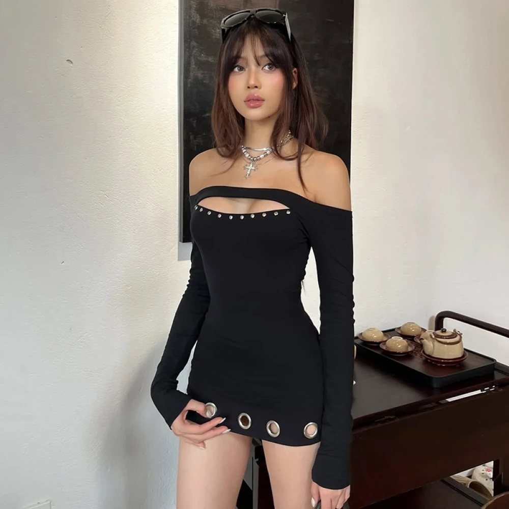 فستان نسائي بتصميم مجوف معدني برشام من SylCue برقبة مائلة بدون ظهر وأكمام كاملة نحيل قابل للتمدد على طراز شارع العليا أنيق #5