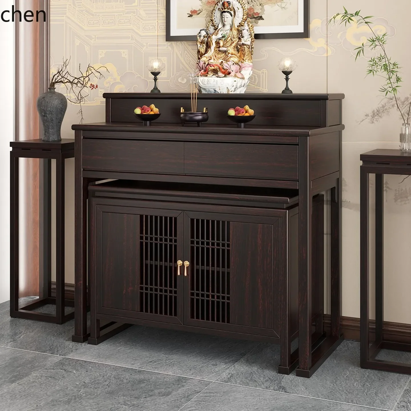 H1 Solid Wood God of Wealth Altar Home Use Ebony Wood Step Incense God Altar Guanyin Worship Incense Table