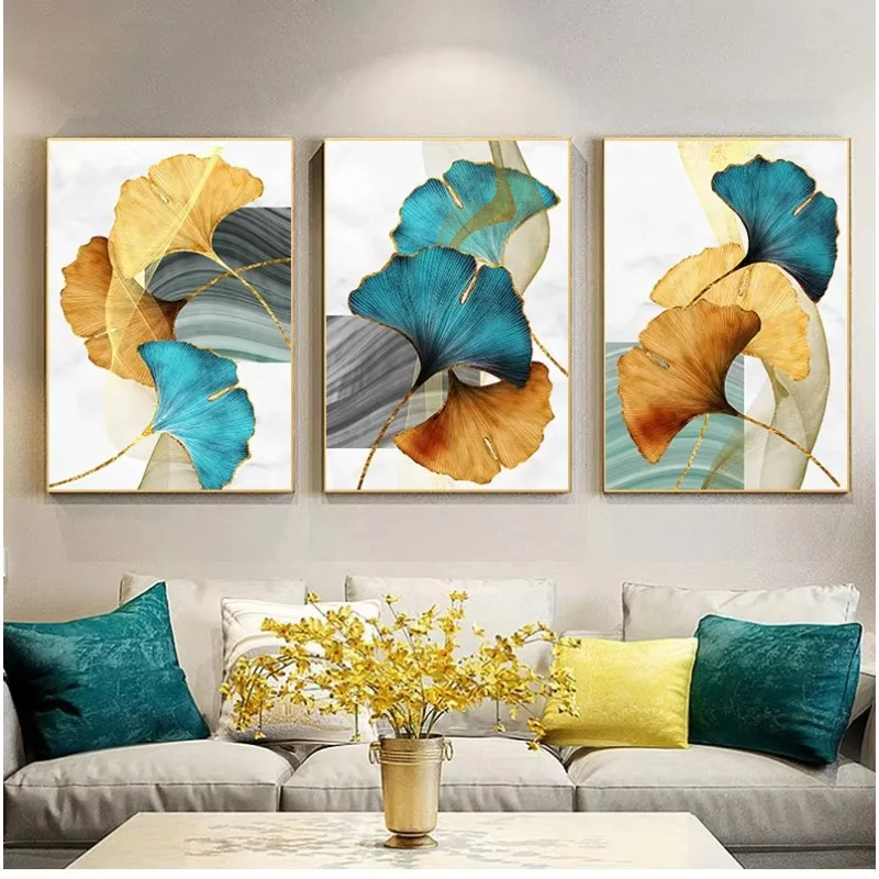 3-teiliger Rahmenloser Moderner Bildschirmdruck Wohnzimmer-Dekoration Blau Grün Gelb Gold Pflanzenblatt Abstrakt Nordischer Leinwanddruck Wandkunst Gemälde