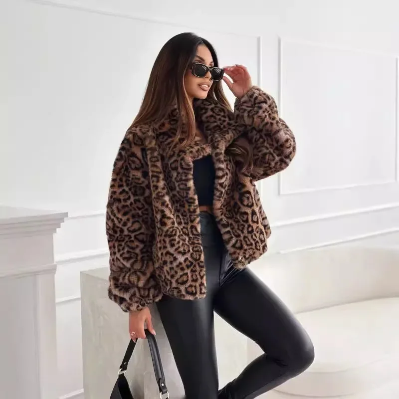 Winter Leopard Print Jacket Women's Lapels Single Breasted Warm Parkas Outwear New Autumn Winter Female Loose Faux Fur Coats