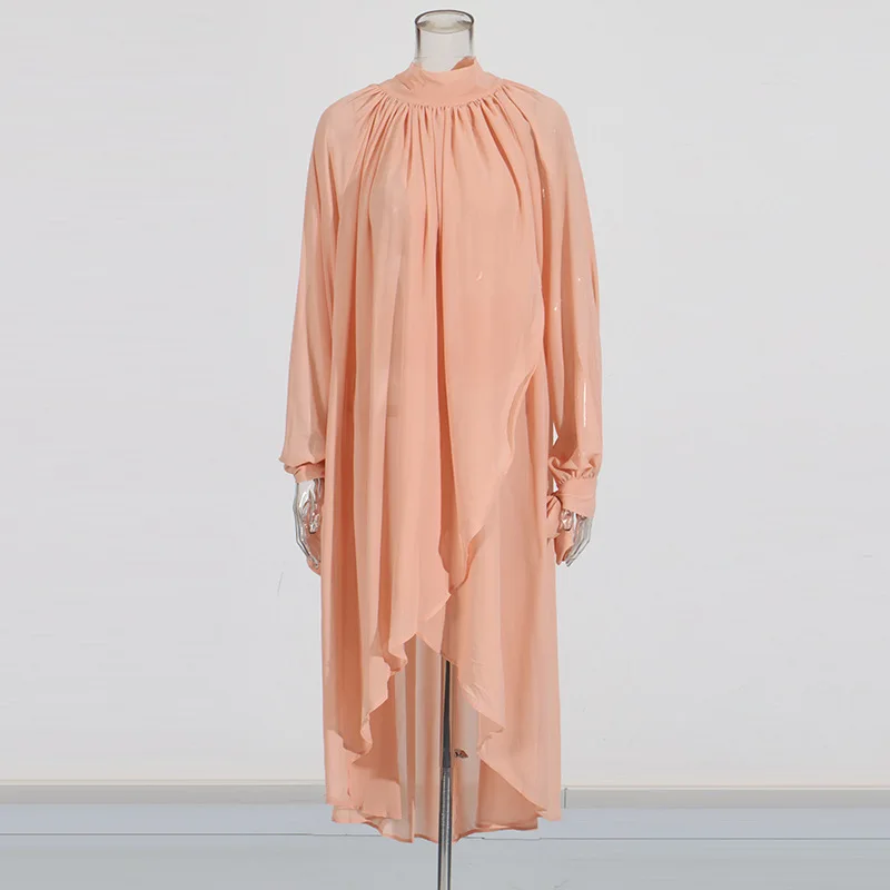 2025 New Arrival Elegant Stand Collar Long Sleeves Ruffles Assymmetry Sexy Party Shirt Dress For Women