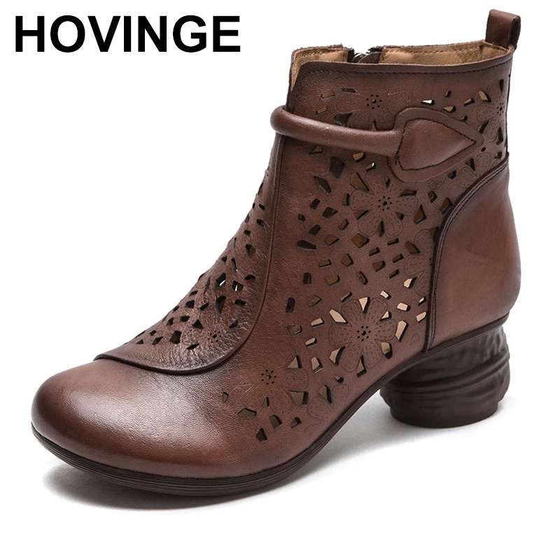

Women Summer Shoes Hollow Out Breathable Genuine Leather Cool Boots Lady Zipper Thick Heel Round Toe Casual Short Boots