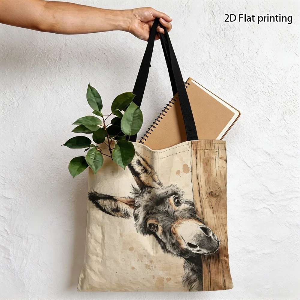 1pc Tote Bag 2D Flat Effect Retro Sketch Style Cute Donkey Print  Large Capacity Casual for School/Shopping/Daily Pouch 35x40cm