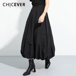 CHICEVER Black Flower Bud Long Skirt For Women High Waist Spliced Pockets Temperament Loose A Line Pleated Skirts Female Autumn