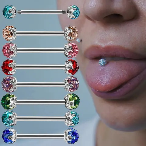 1PC Stainless Steel Double Balls Belly Button Ring Full Zircon Tongue Barbell Rings External Threaded Piercing Body Jewelry 14G