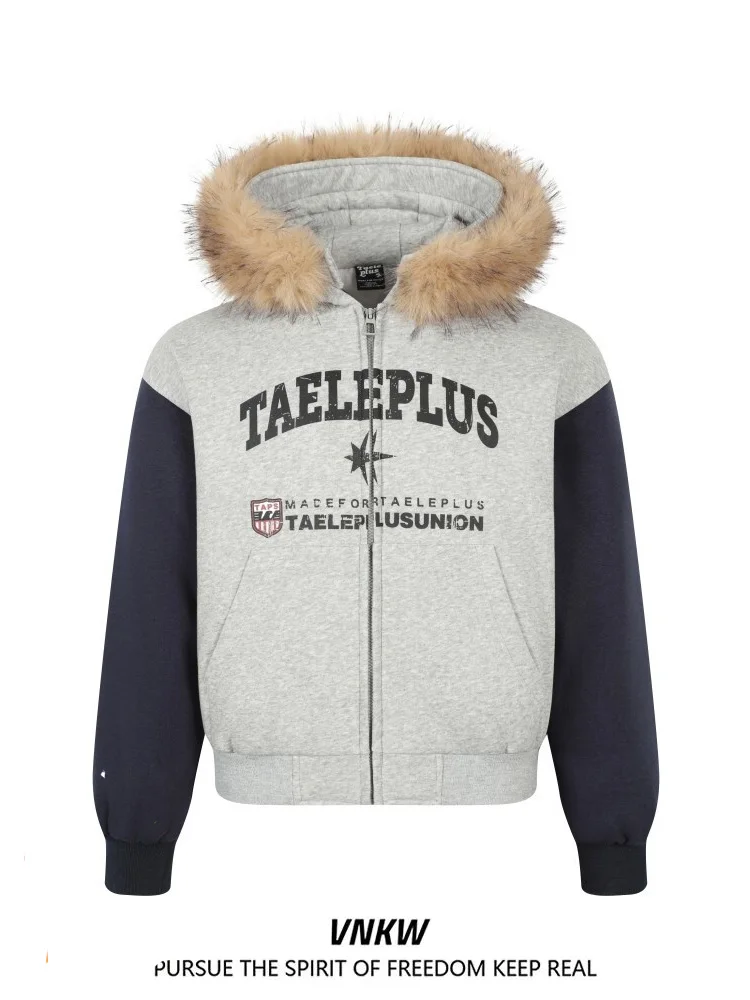 

American Retro Thiened Cotton Jaet with Fur Collar Letter Print Hooded ex Warm Couple's Cotton Coat Youth Casual