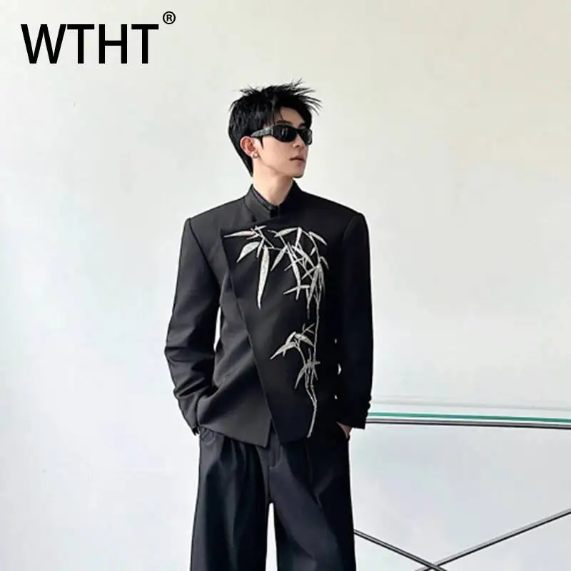 

WTHT Fashion Men's Heavy Industy Embroidery Contrast Color Blazer Coats Vintage Chinese Style Stand Collar Jackets Male 2A3078