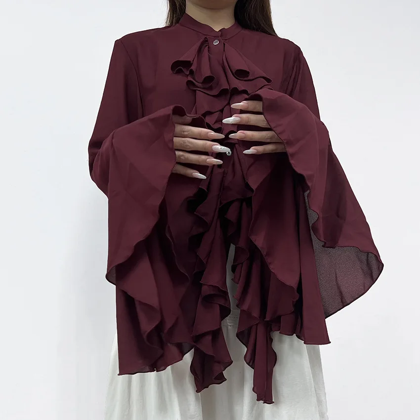 Elegant Retro Shirt Autumn Fashion New Round Neck Single Breasted Ruffle Bell Sleeve Burgundy Shirt Loose Casual Banquet Top