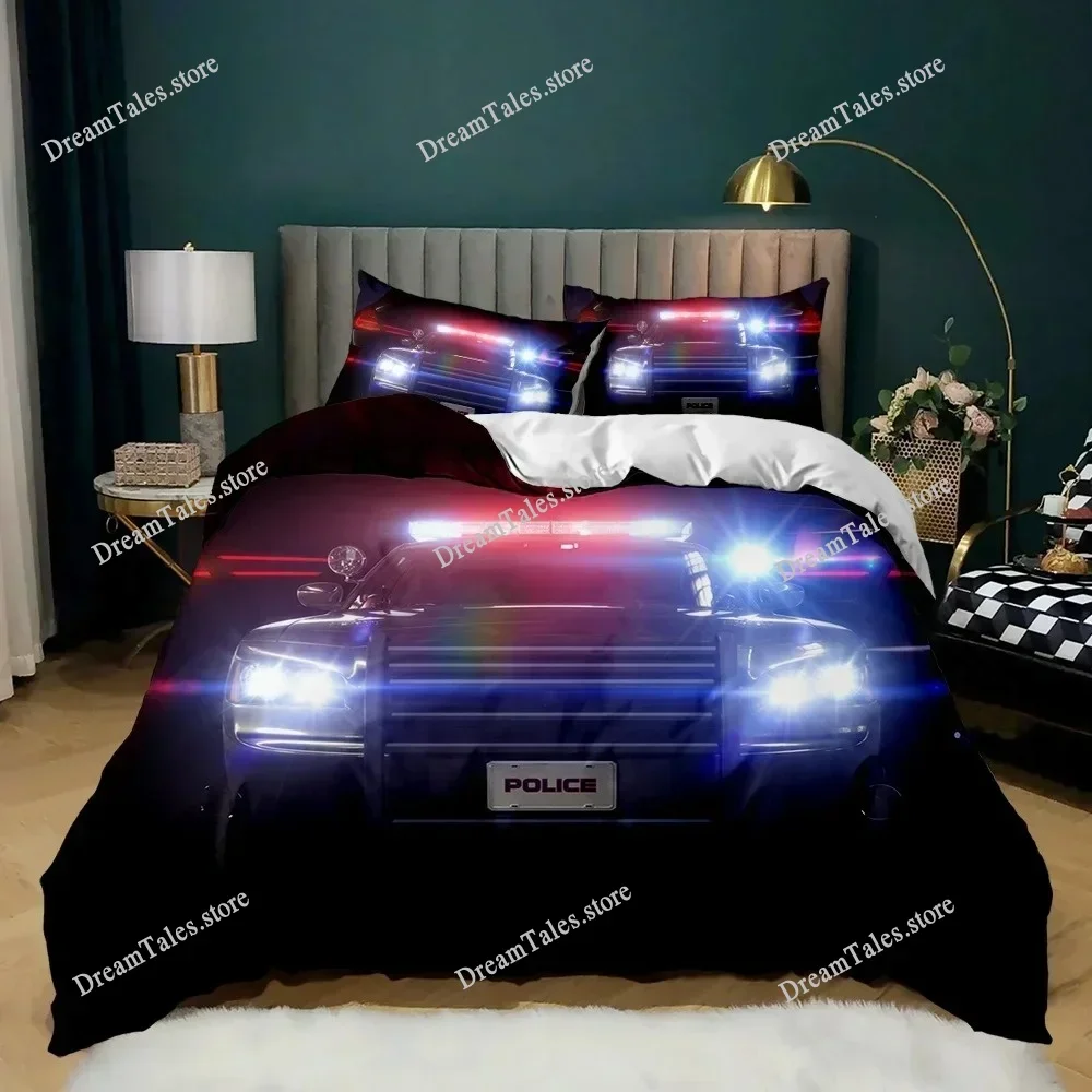 

Police Duvet Cover Car Black Policeman Car Twin Bedding Set Cartoon Vehicle Comforter Cover Red Cop Lights Polyester Quilt Cover