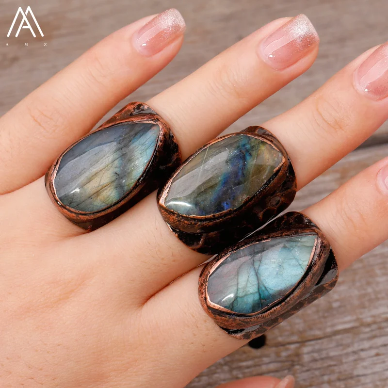 Flash Labradorite Bronze Rings For Women Luxury Trendy Designer Ring Lady Wedding Anniversary Birthday Jewelry Gift