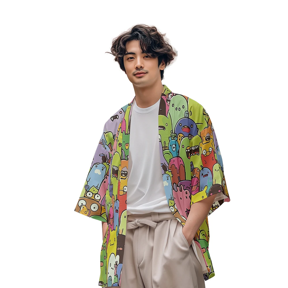 Classic Chinese Style Design Sense of National Tide Cute Anime Multi-pattern Color Toga Men's Fashion Casual Kimono Men's Tops