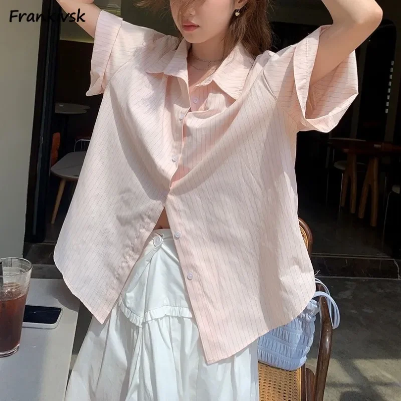 

Shirts Women Clothing Striped Chic Short Sleeve Preppy Style Loose Sweet Casual All-match Fashion Gentle Summer Korean Style New