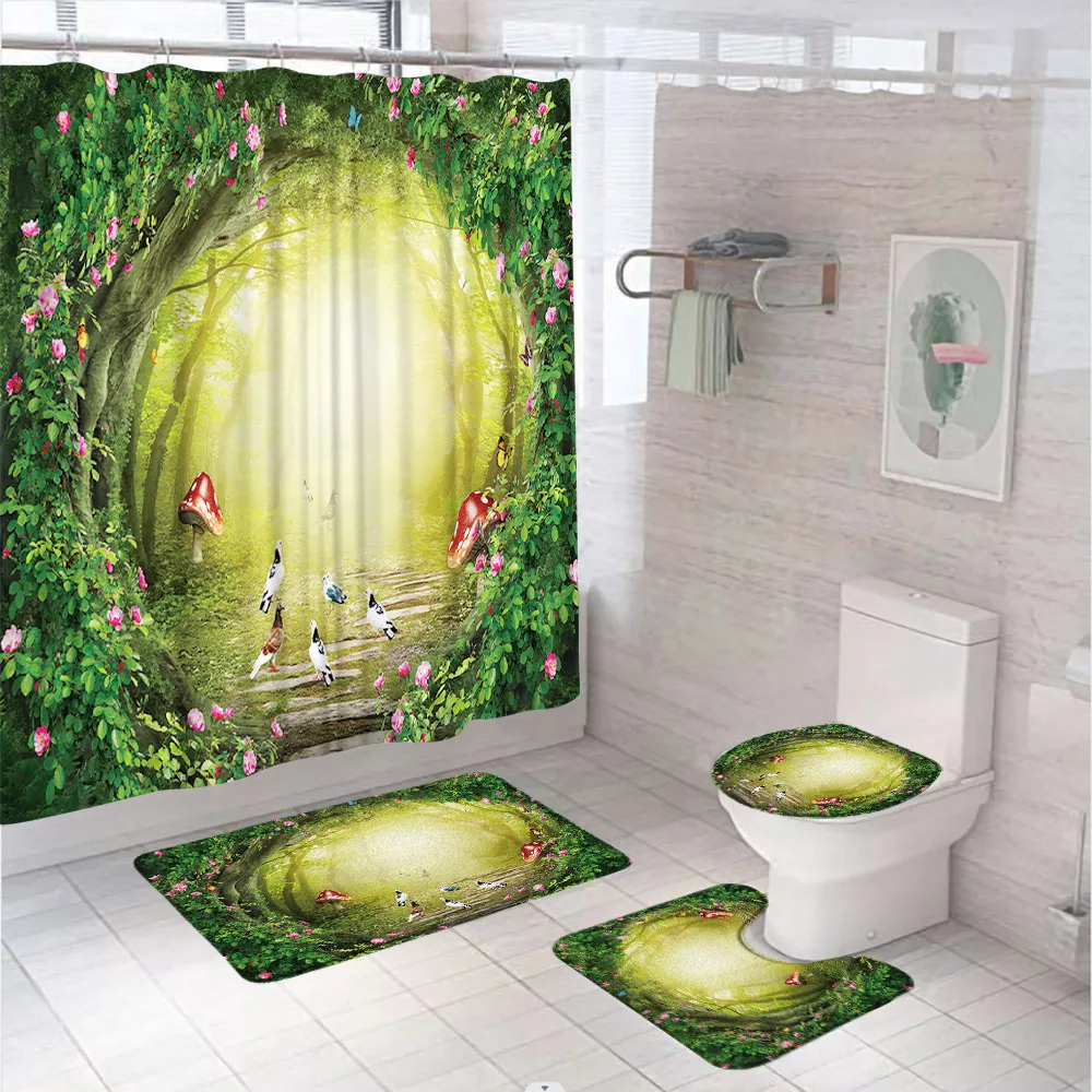 4Pcs Green Garden Shower Curtain Set Bamboo Forest Grass Path Scenery Birds Bathroom Screen Non-Slip Bath Mat Rugs Toilet Cover