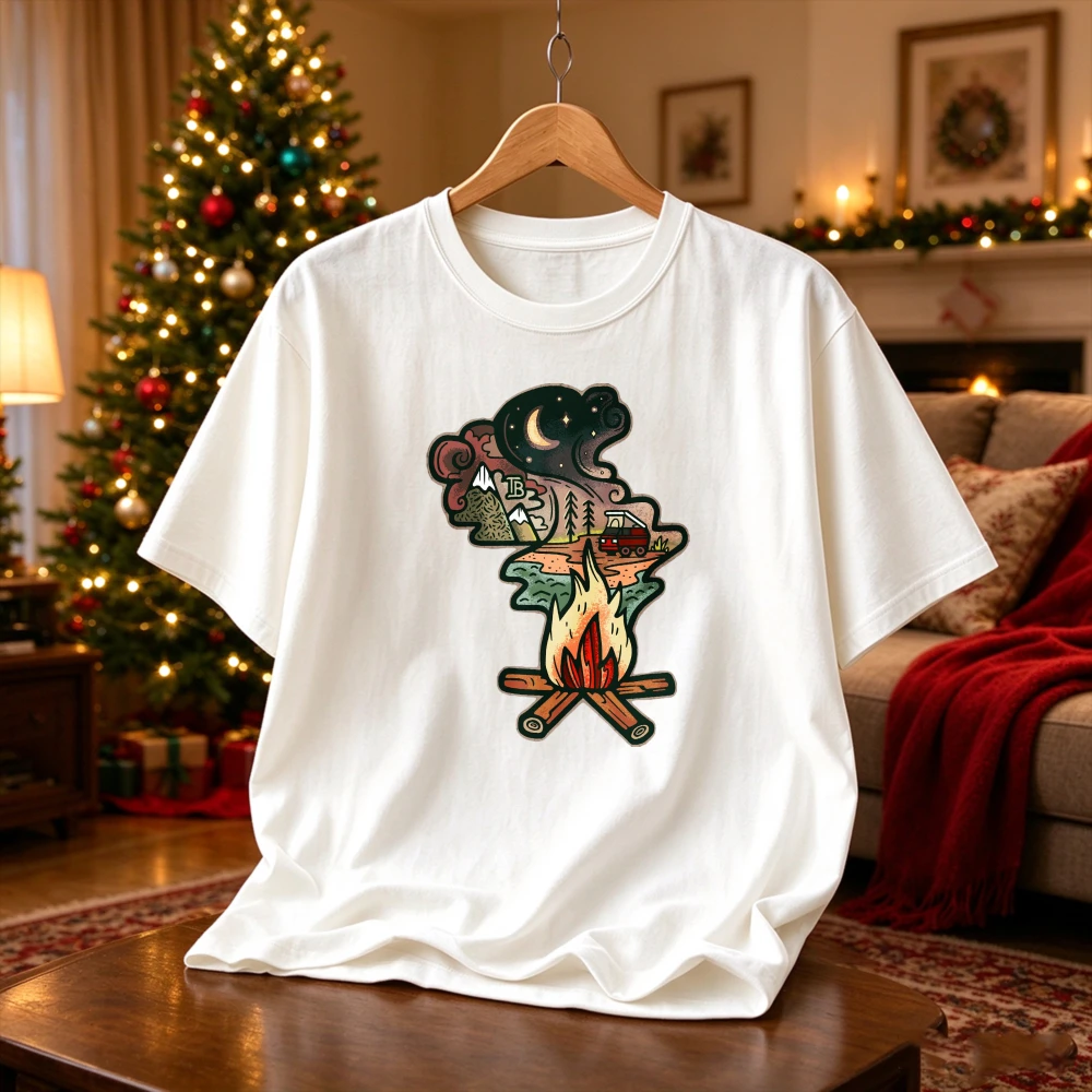Retro Campfire Night Moon Mountain RV Graphic Tee Outdoor Camping Adventure Short Sleeve Crew Neck Nature Hiking Casual Tops