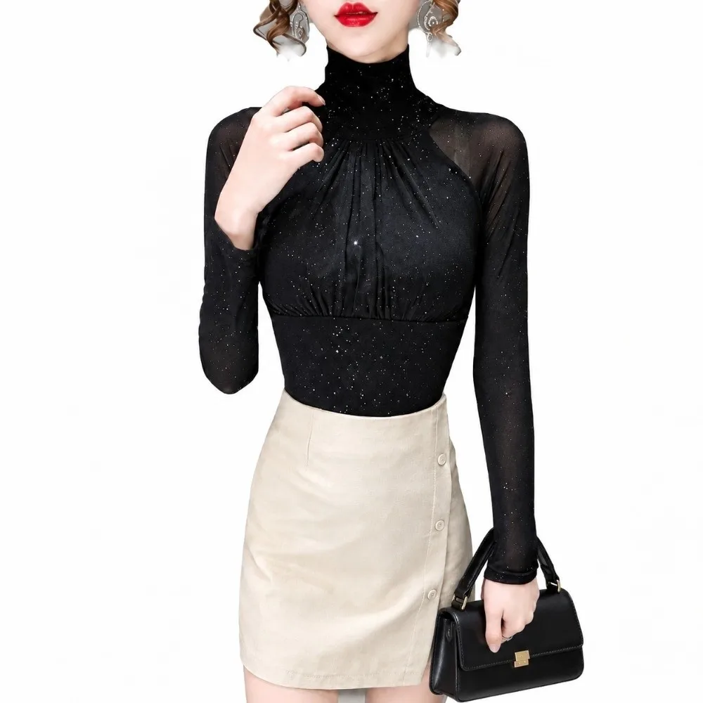 New Mesh Lace Blouse Ruched Front Glitter Detail Long Sleeve Shirt Fleece‑Lined Option Slim Fit Turtleneck Undershirt Daily Wear