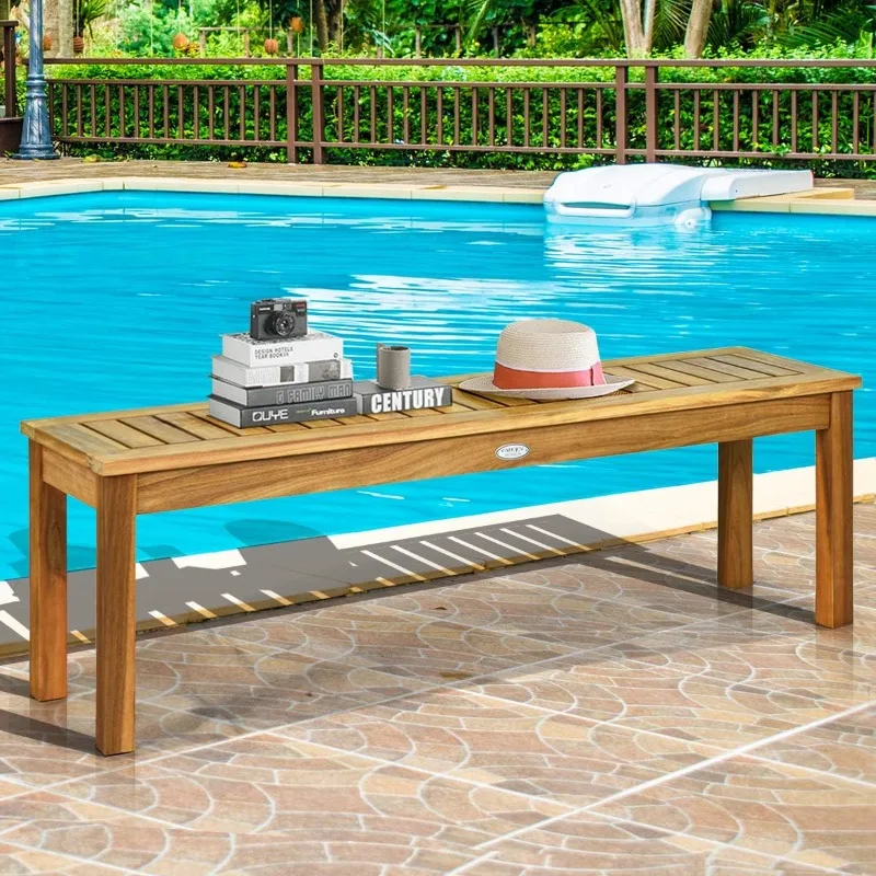 52 Inches Acacia Wood Outdoor Bench, Wood Bench for Dining Room Entryway Poolside Garden, Patio Backless Dining Bench