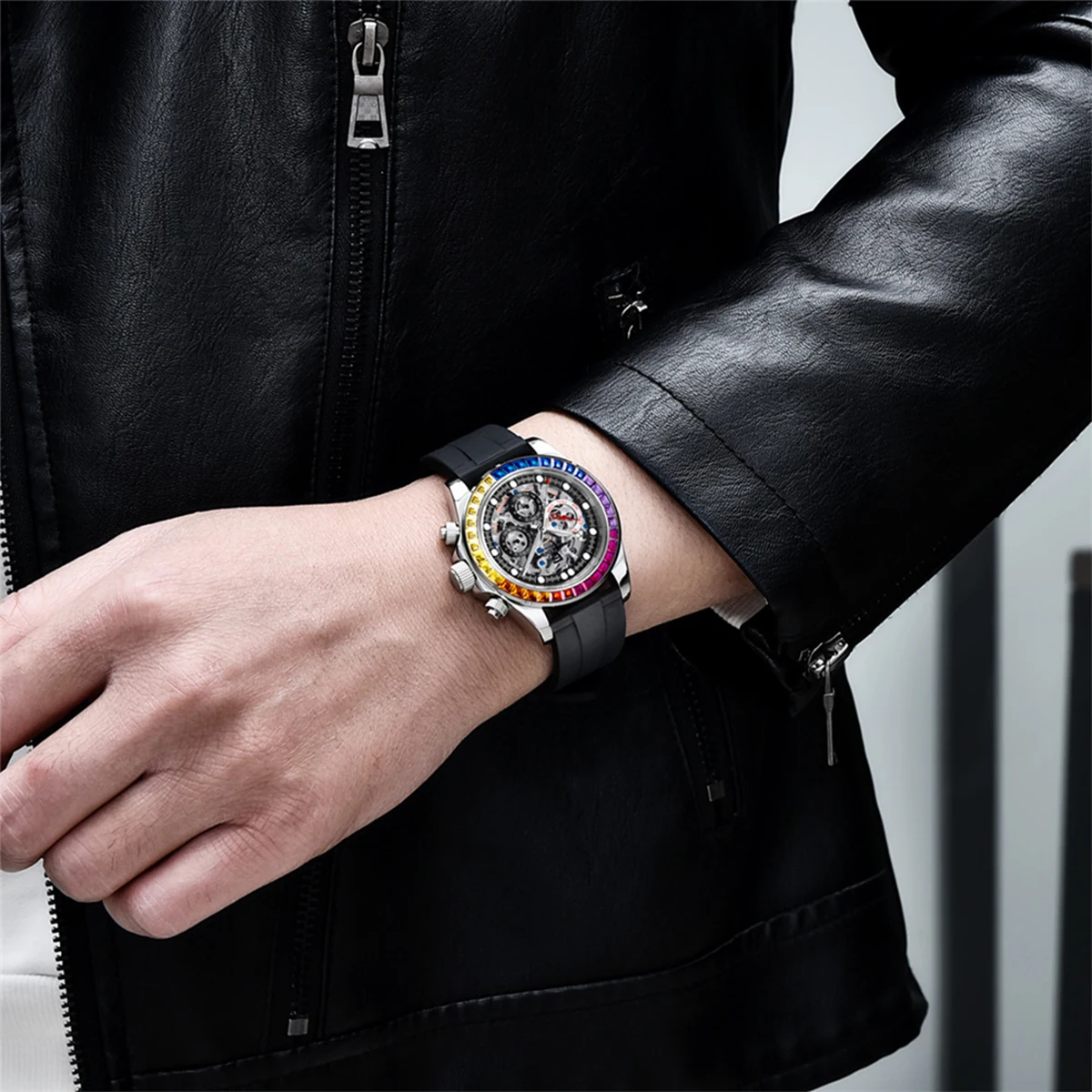 Pagani Design PD1653 Men's Automatic Mechanical Watch Rainbow Bezel 100 Meter Waterproof Sports Rubber Strap Men's Luxury Watch