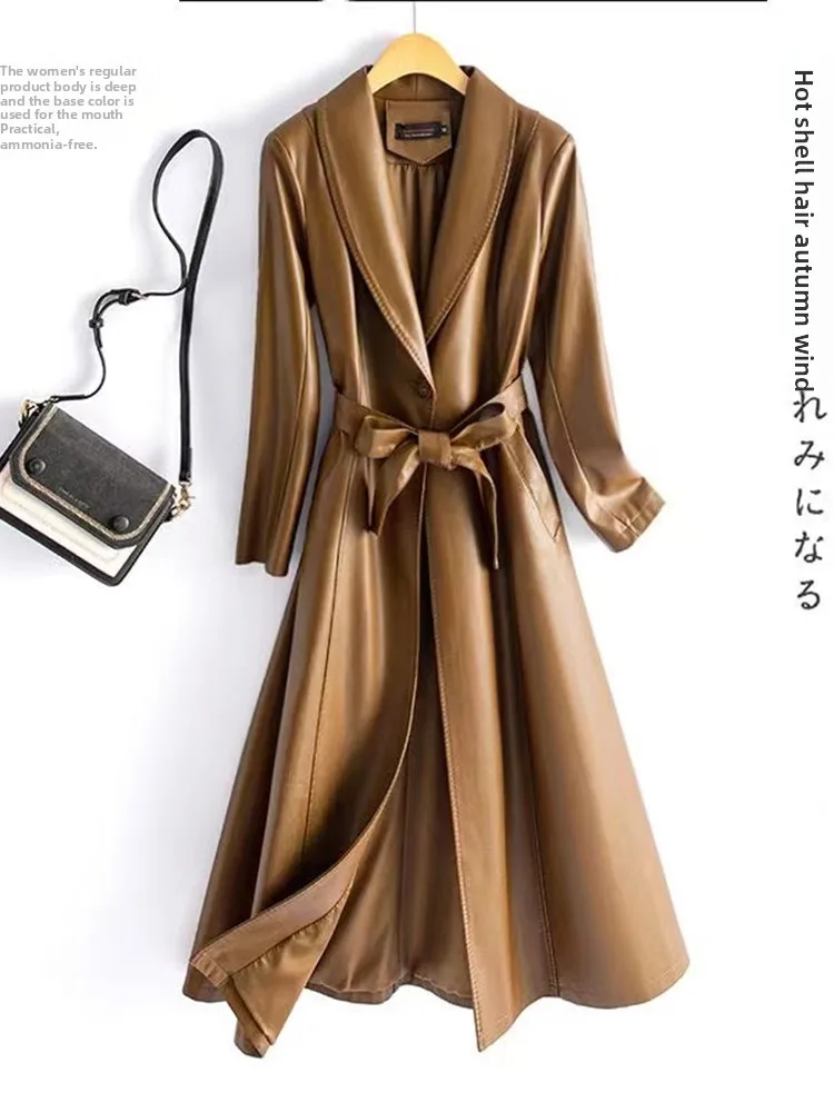 하이닝 천연 가죽 자켓 여성용 중간 길이 2025 봄 가을 신상 한국 버전 슬림핏 천연 가죽 코트 벨트 포함