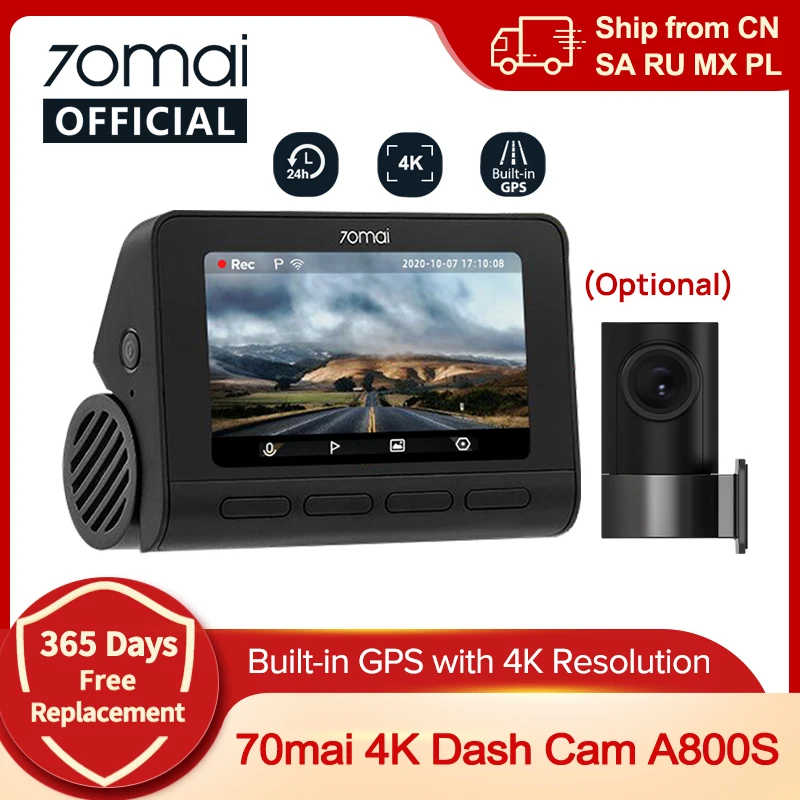 70mai 4K Dash Cam A800S Built-in GPS ADAS 140°FOV 70mai Camera Car DVR 24H Parking Monitor Front Cam Only, Support Rear Cam