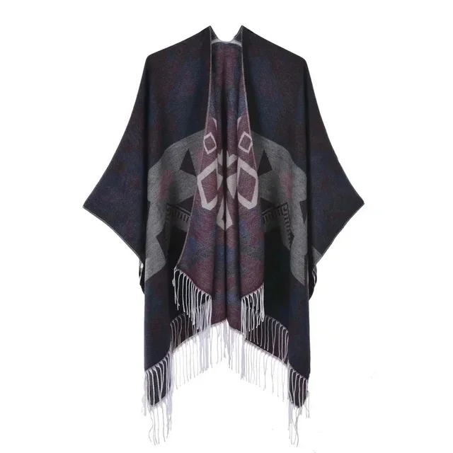 Women's Tassel Split Cape Double-sided Imitation Cashmere Like Thickened Warm Large Cloak Blanket Autumn Ponchos Black