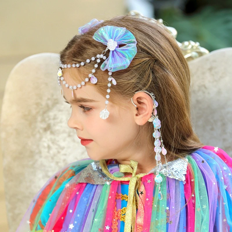 Fashion Children Mermaid Tassel Clip For Girls Princess Bow Forehead Fringe Chain Fairy Hair Clip Kids Hair Accessories