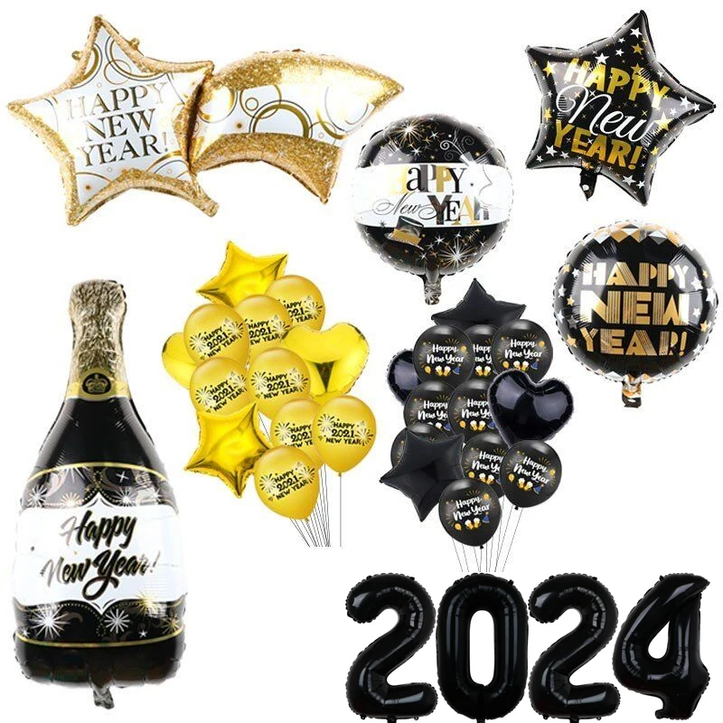 2024 Happy New Year Party Balloons Merry Christmas Party Decorations 18inch Black Bottle Helium Globos Birthday Even Supplies