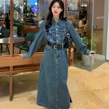 여성을위한 하이 웨이스트 한국 스타일 데님 롱 드레스 가을 슬리밍 긴 소매 사이드 슬릿 a 라인 스커트 통근 스타일